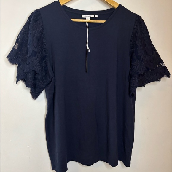 NWT Chicos tiered embroidered sleeve tee navy size 2 - Picture 2 of 7